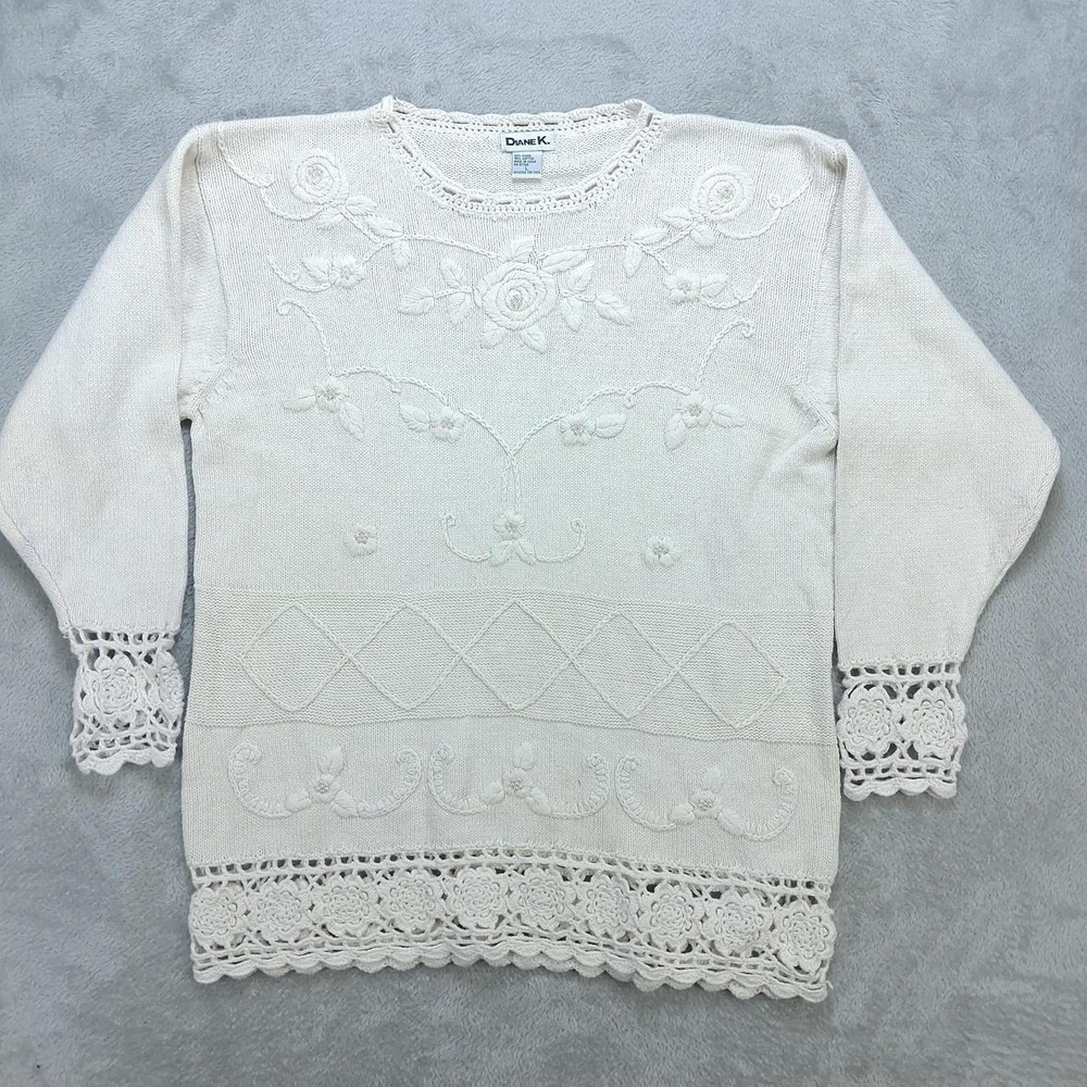 Diane K Ivory Ramie Cotton Embroidered Floral Crochet Knit Sweater Womens L